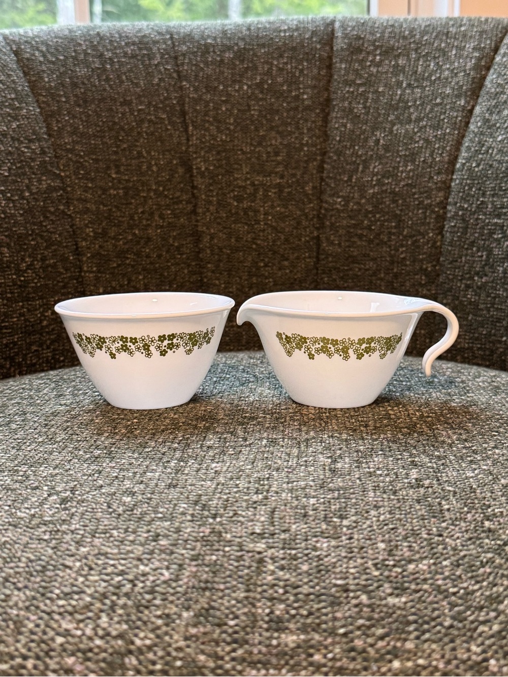 Corelle White Creamer and Sugar Bowl Set with Olive Green Floral Band